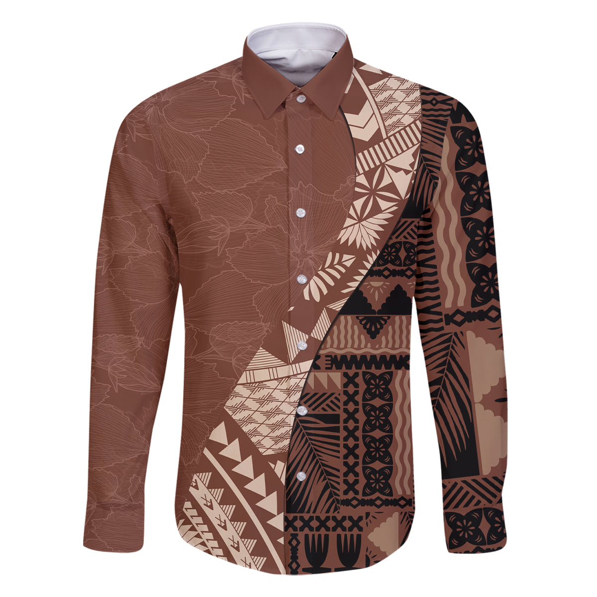 Bula Fiji Family Matching Mermaid Dress and Hawaiian Shirt Tribal Masi Tapa - Brown LT7 Dad's Shirt - Long Sleeve Brown - Polynesian Pride