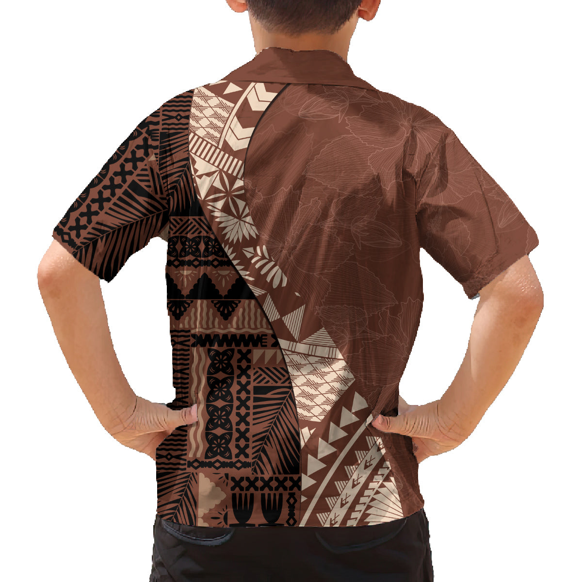 Bula Fiji Family Matching Puletasi Dress and Hawaiian Shirt Tribal Masi Tapa - Brown LT7 - Polynesian Pride