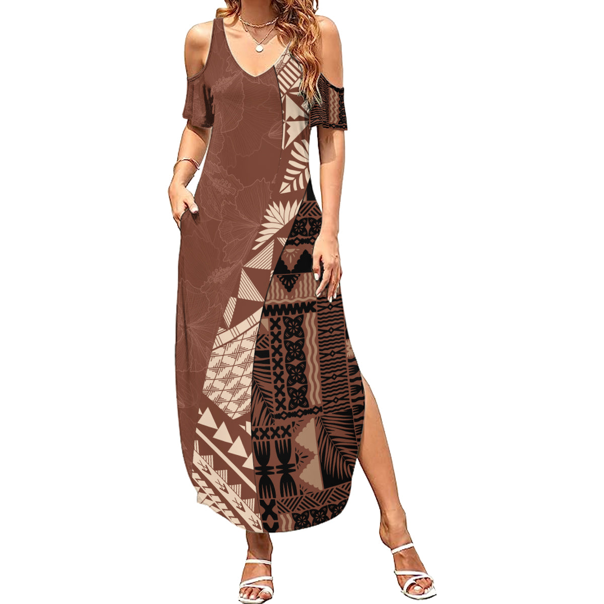 Bula Fiji Family Matching Summer Maxi Dress and Hawaiian Shirt Tribal Masi Tapa - Brown LT7 Mom's Dress Brown - Polynesian Pride