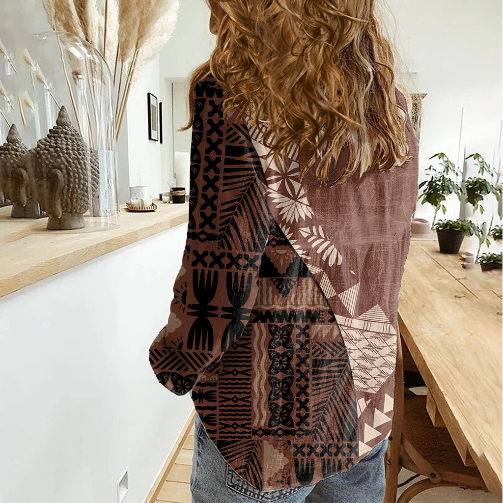 Bula Fiji Women Casual Shirt Tribal Masi Tapa - Brown LT7 - Polynesian Pride