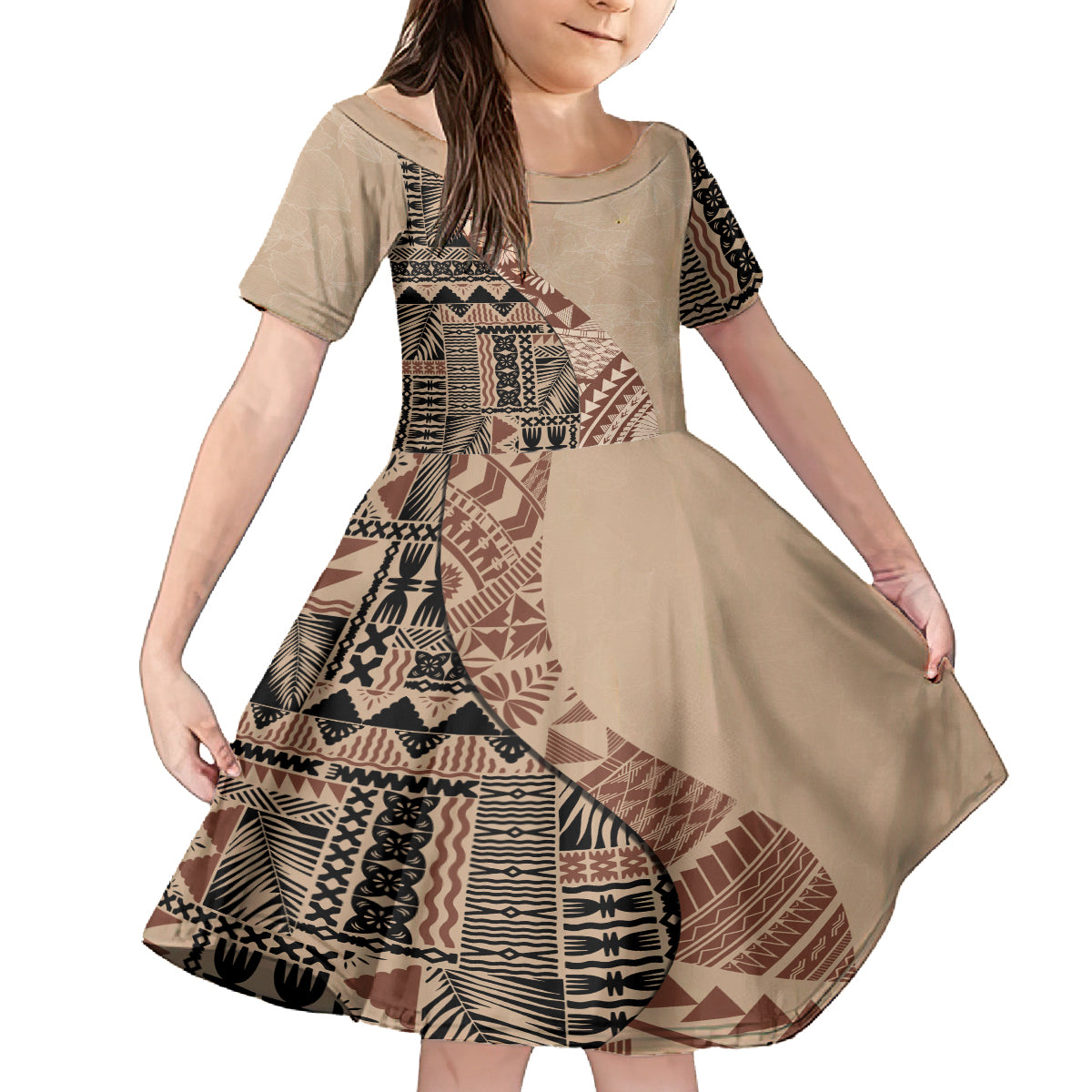 Bula Fiji Family Matching Off Shoulder Maxi Dress and Hawaiian Shirt Tribal Masi Tapa - Beige LT7 Daughter's Dress Beige - Polynesian Pride