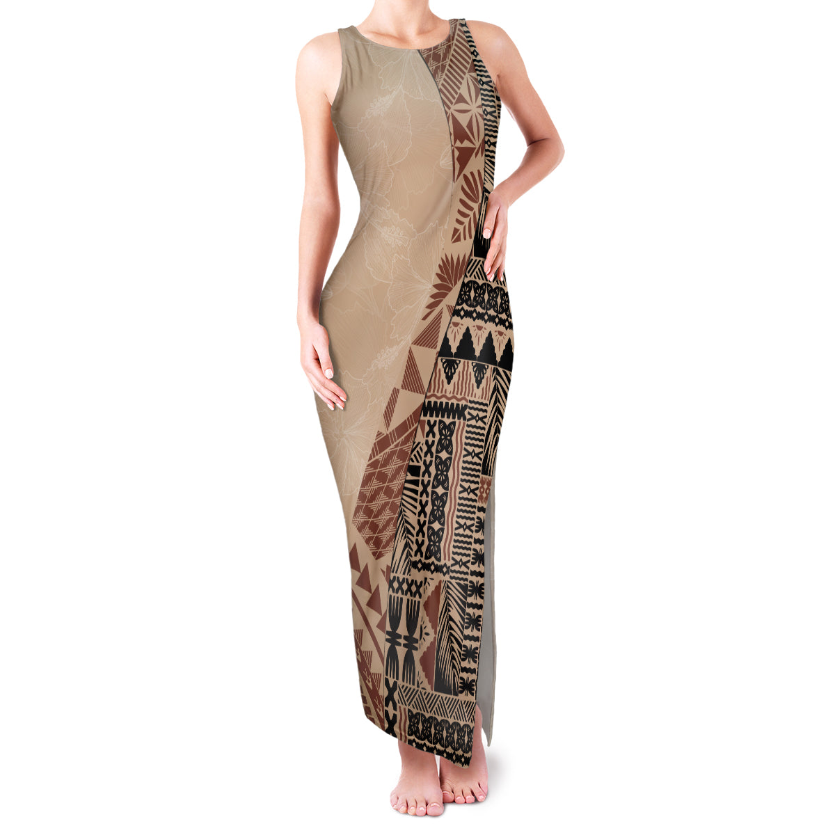 Bula Fiji Family Matching Tank Maxi Dress and Hawaiian Shirt Tribal Masi Tapa - Beige LT7 Mom's Dress Beige - Polynesian Pride