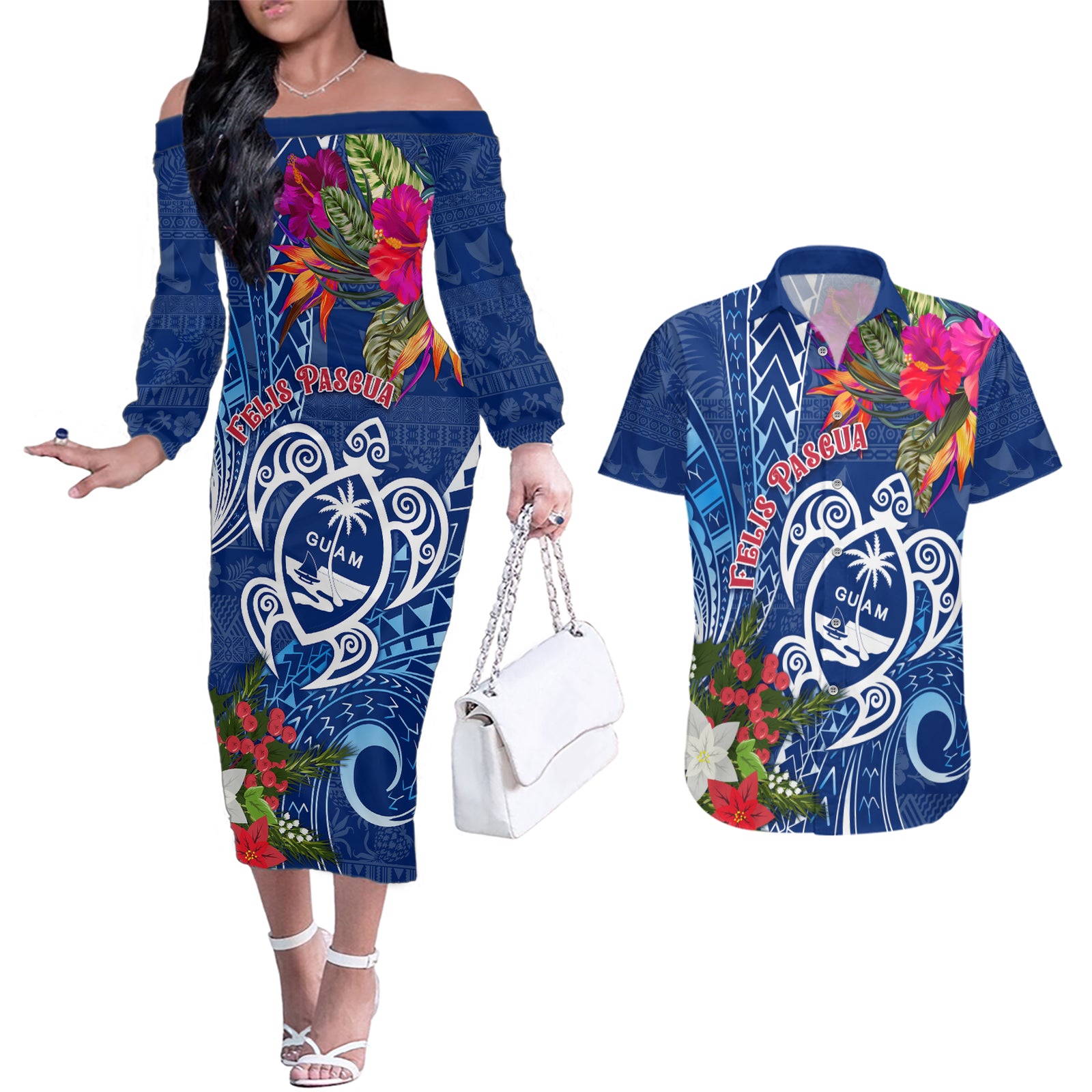 Guam Christmas Couples Matching Off The Shoulder Long Sleeve Dress and Hawaiian Shirt Turtle Mix Tapa Felis Pasgua LT7 Blue - Polynesian Pride