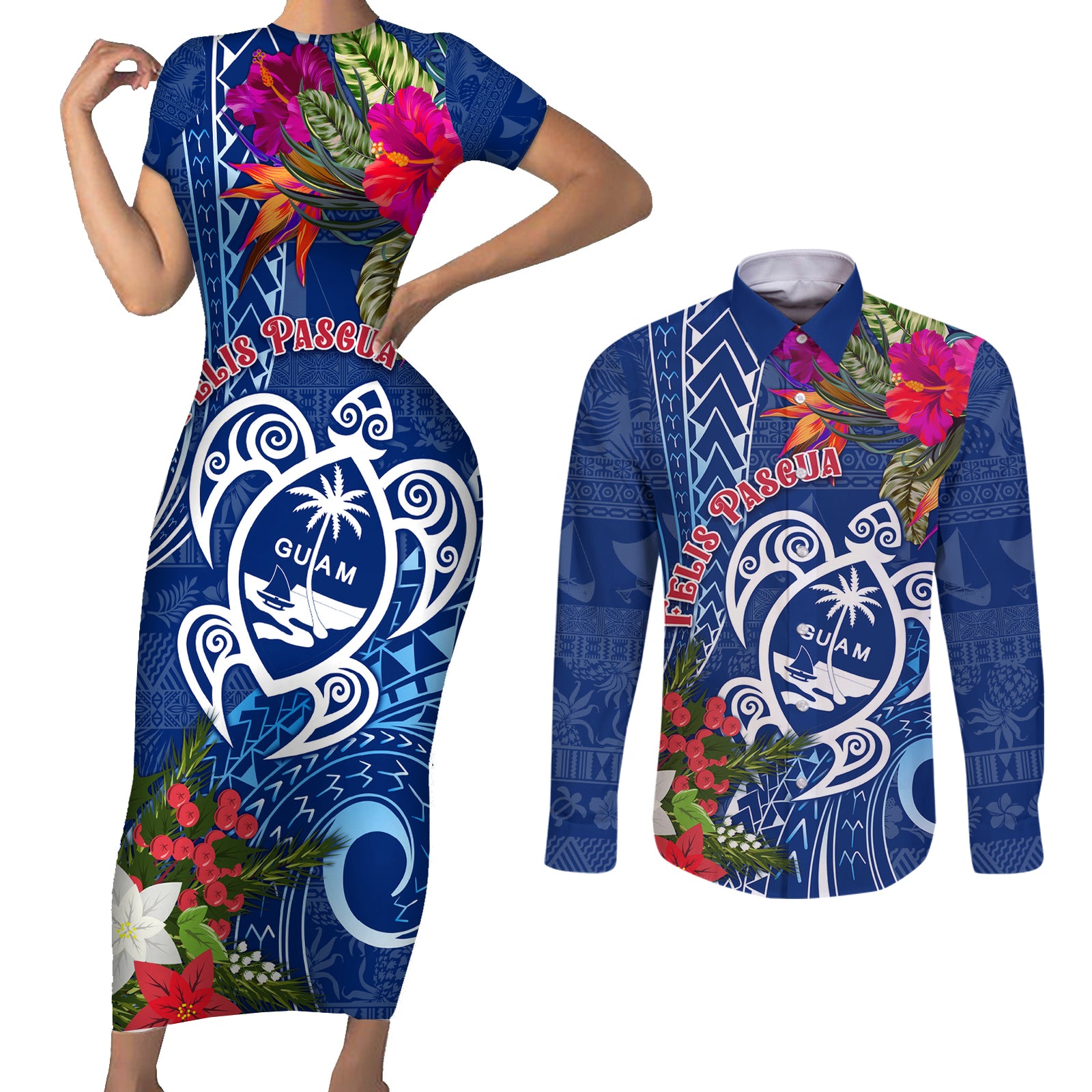 Guam Christmas Couples Matching Short Sleeve Bodycon Dress and Long Sleeve Button Shirt Turtle Mix Tapa Felis Pasgua LT7 Blue - Polynesian Pride