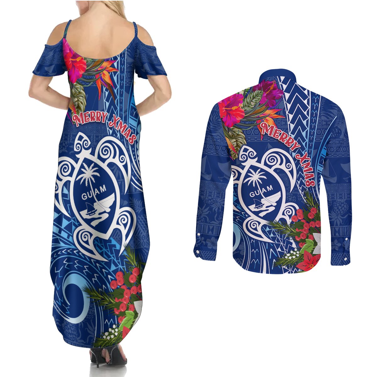 Guam Christmas Couples Matching Summer Maxi Dress and Long Sleeve Button Shirt Turtle Mix Tapa Felis Pasgua LT7 - Polynesian Pride