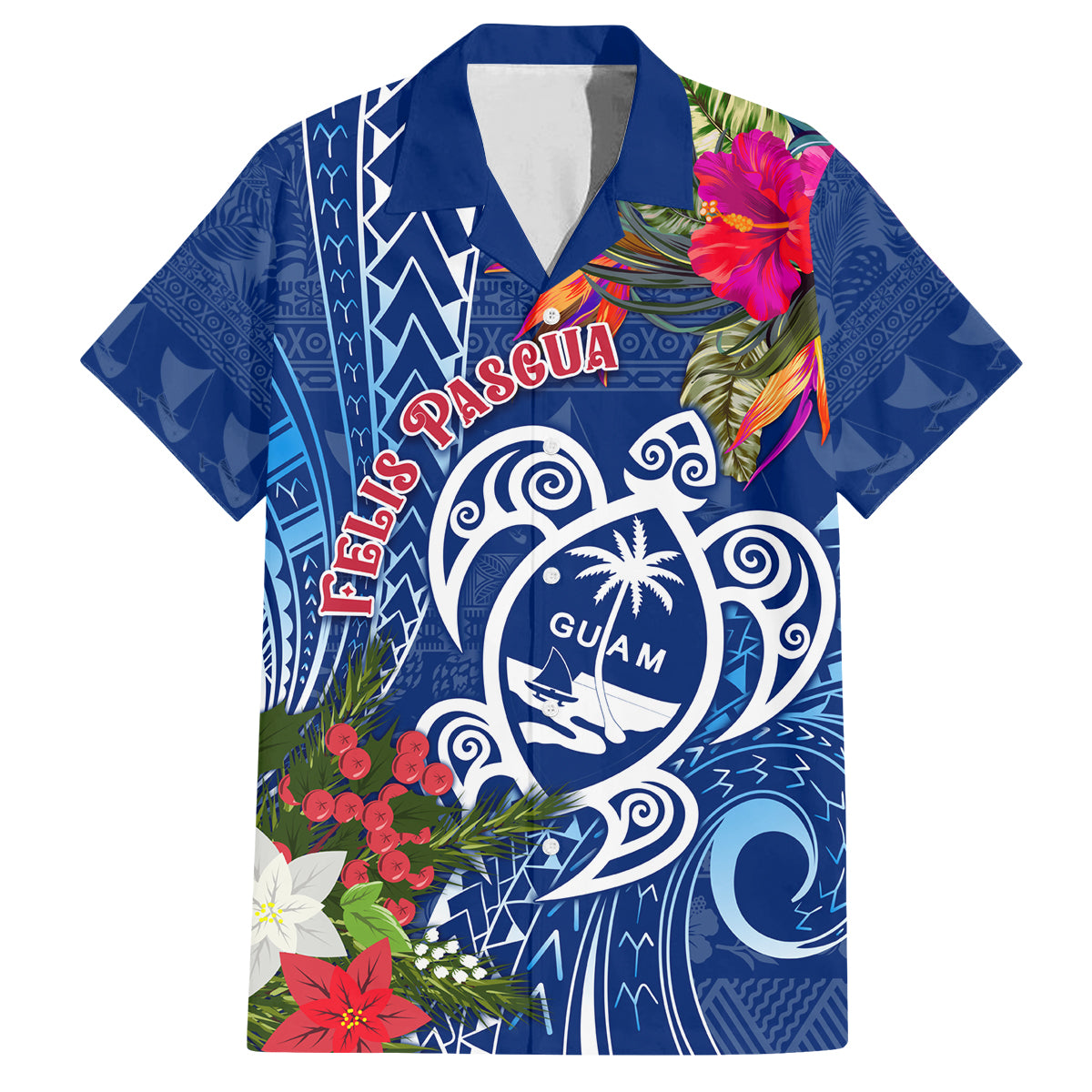 Guam Christmas Family Matching Off Shoulder Maxi Dress and Hawaiian Shirt Turtle Mix Tapa Felis Pasgua LT7 Dad's Shirt - Short Sleeve Blue - Polynesian Pride