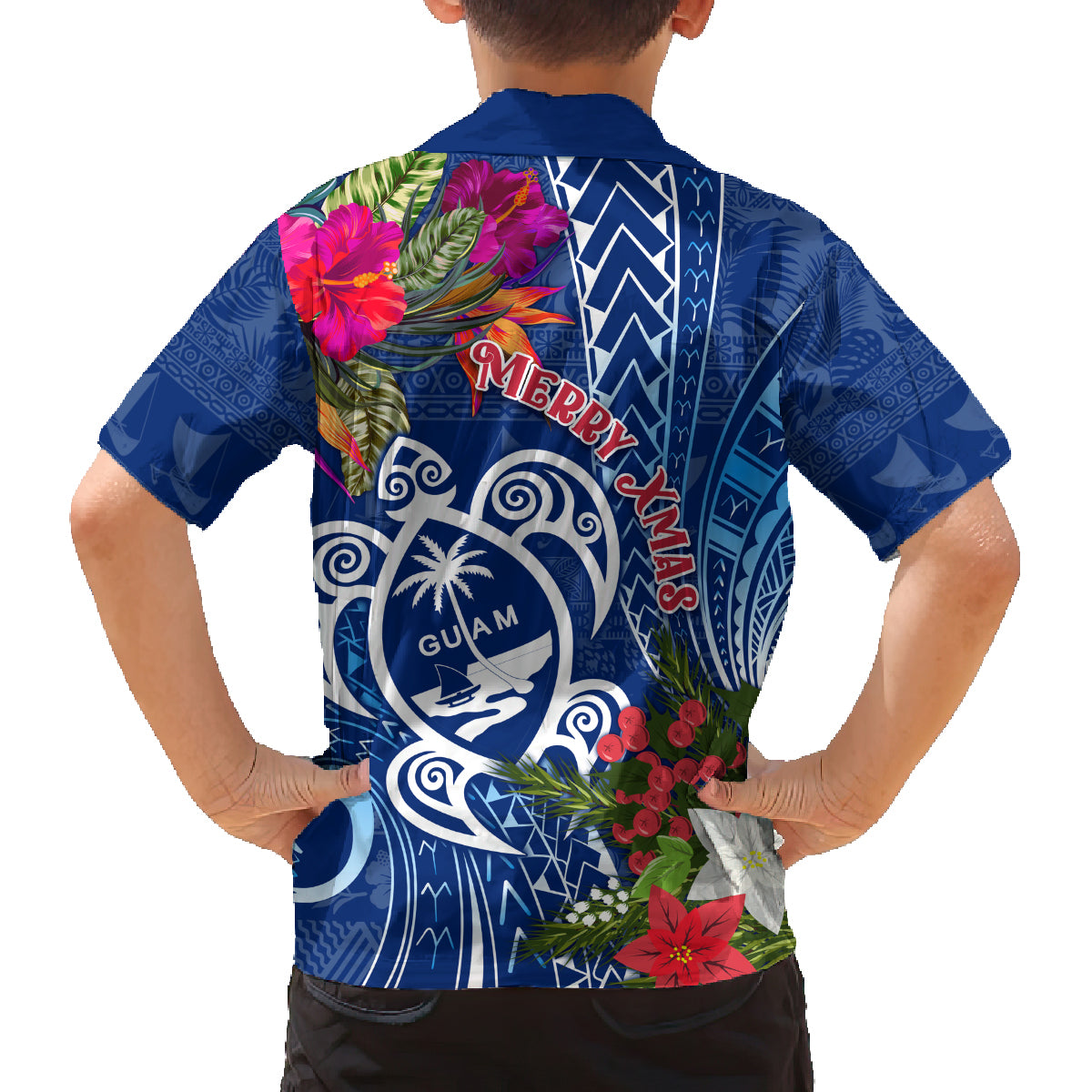 Guam Christmas Family Matching Off Shoulder Short Dress and Hawaiian Shirt Turtle Mix Tapa Felis Pasgua LT7 - Polynesian Pride