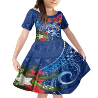 Guam Christmas Family Matching Tank Maxi Dress and Hawaiian Shirt Turtle Mix Tapa Felis Pasgua LT7 Daughter's Dress Blue - Polynesian Pride