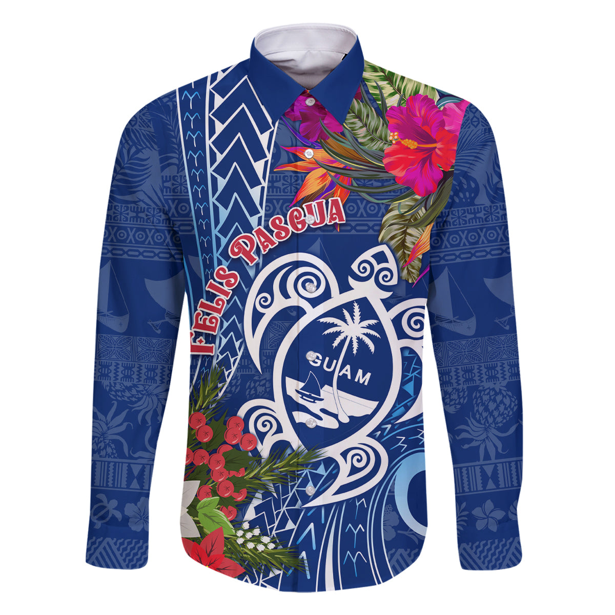 Guam Christmas Family Matching Tank Maxi Dress and Hawaiian Shirt Turtle Mix Tapa Felis Pasgua LT7 Dad's Shirt - Long Sleeve Blue - Polynesian Pride