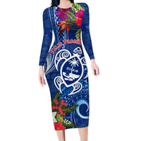 Guam Christmas Long Sleeve Bodycon Dress Turtle Mix Tapa Felis Pasgua LT7 Long Dress Blue - Polynesian Pride