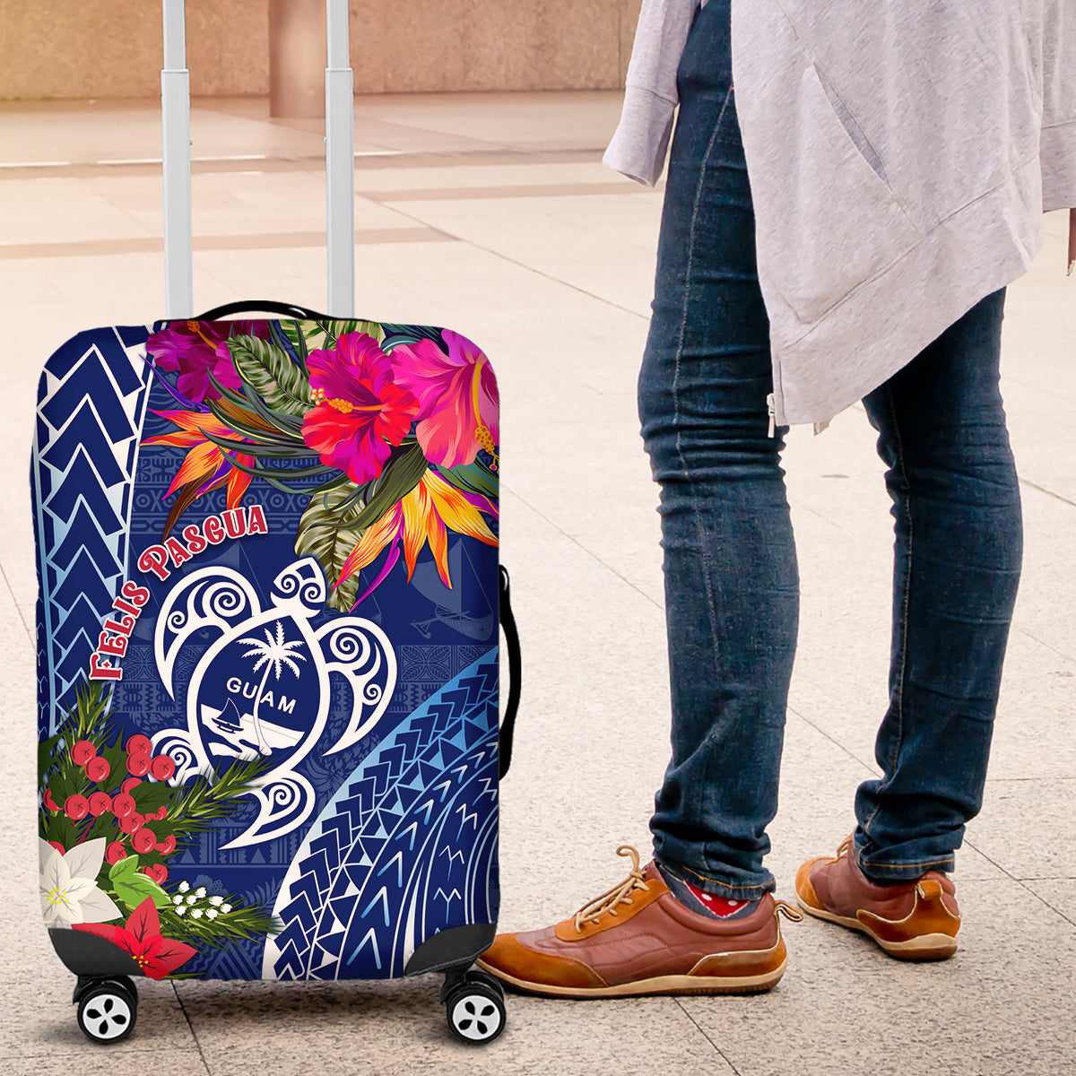 Guam Christmas Luggage Cover Turtle Mix Tapa Felis Pasgua LT7 Blue - Polynesian Pride