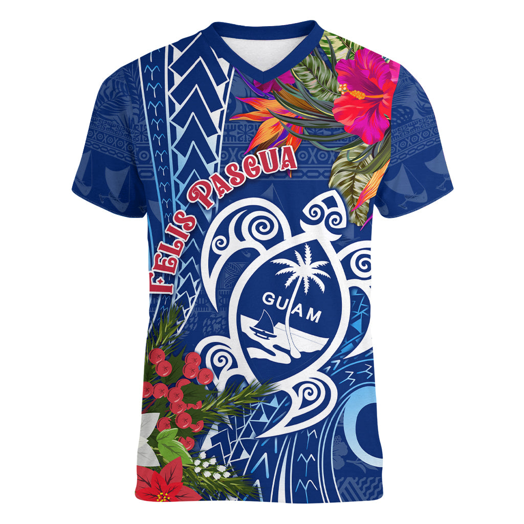 Guam Christmas Women V Neck T Shirt Turtle Mix Tapa Felis Pasgua LT7 Female Blue - Polynesian Pride