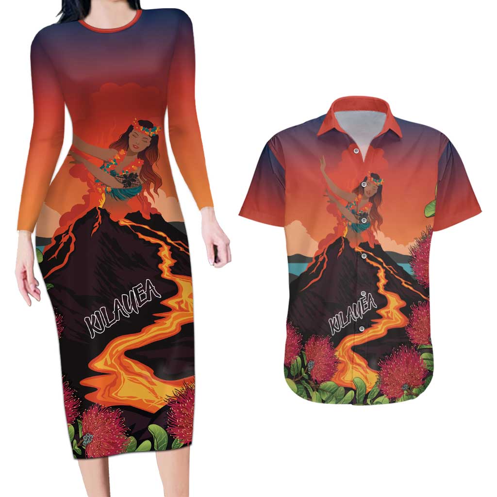 Hawaii Kilauea Volcano Couples Matching Long Sleeve Bodycon Dress and Hawaiian Shirt Pele Goddess LT7 Colorful - Polynesian Pride
