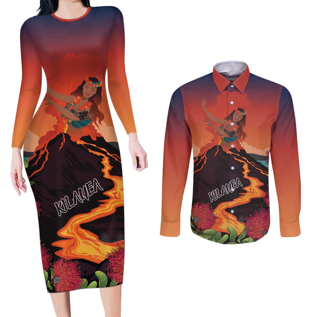Hawaii Kilauea Volcano Couples Matching Long Sleeve Bodycon Dress and Long Sleeve Button Shirt Pele Goddess LT7 Colorful - Polynesian Pride