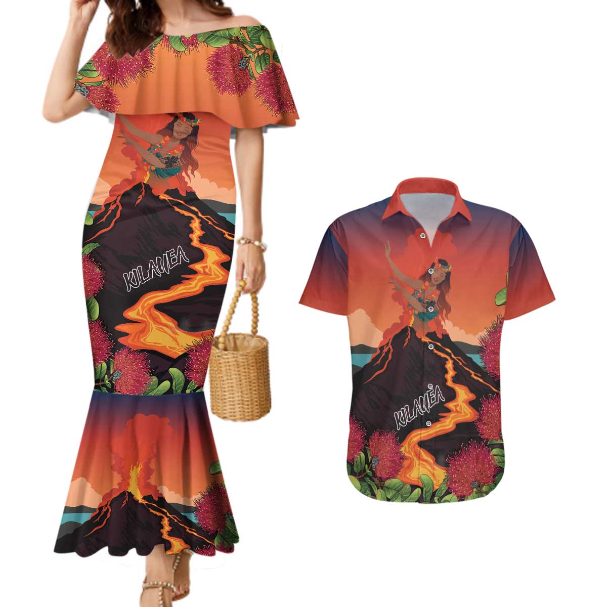 Hawaii Kilauea Volcano Couples Matching Mermaid Dress and Hawaiian Shirt Pele Goddess LT7 Colorful - Polynesian Pride