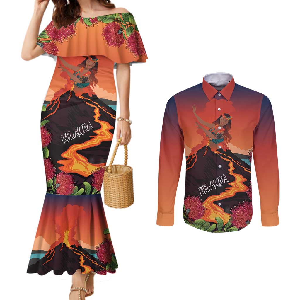 Hawaii Kilauea Volcano Couples Matching Mermaid Dress and Long Sleeve Button Shirt Pele Goddess LT7 Colorful - Polynesian Pride