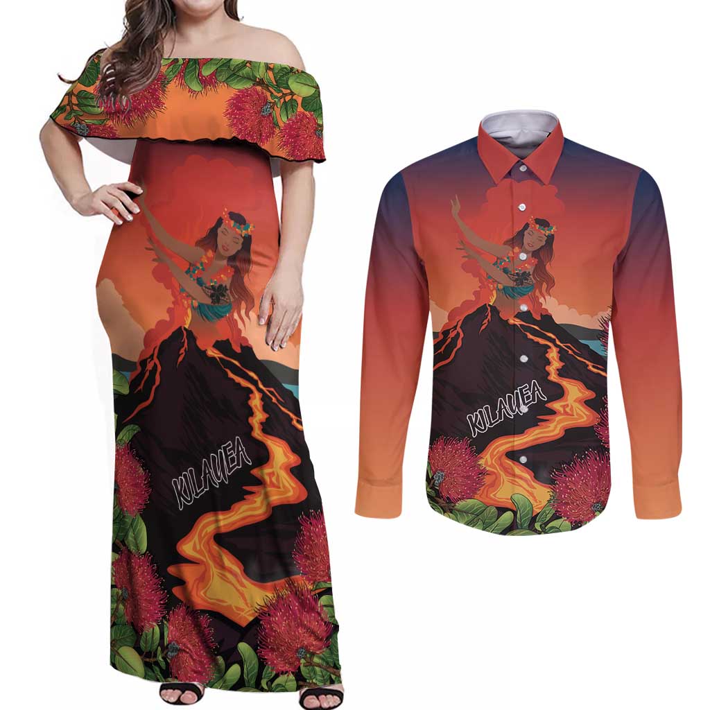 Hawaii Kilauea Volcano Couples Matching Off Shoulder Maxi Dress and Long Sleeve Button Shirt Pele Goddess LT7 Colorful - Polynesian Pride