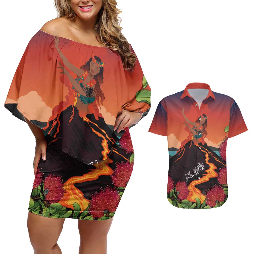 Hawaii Kilauea Volcano Couples Matching Off Shoulder Short Dress and Hawaiian Shirt Pele Goddess LT7 Colorful - Polynesian Pride