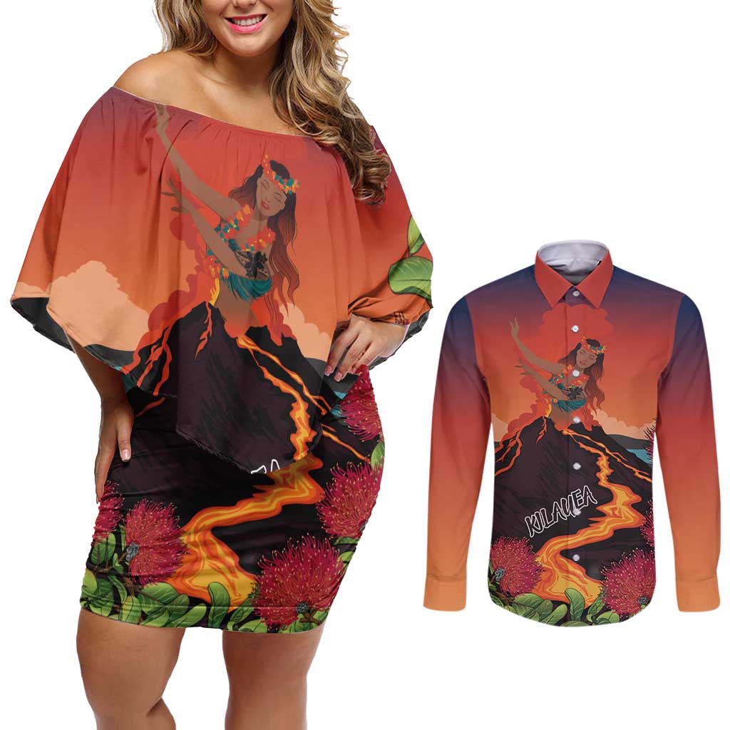 Hawaii Kilauea Volcano Couples Matching Off Shoulder Short Dress and Long Sleeve Button Shirt Pele Goddess LT7 Colorful - Polynesian Pride