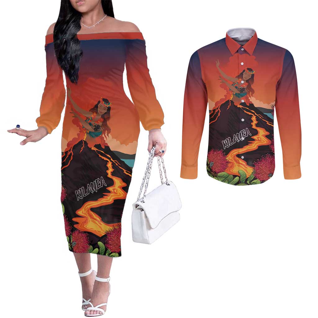 Hawaii Kilauea Volcano Couples Matching Off The Shoulder Long Sleeve Dress and Long Sleeve Button Shirt Pele Goddess LT7 Colorful - Polynesian Pride