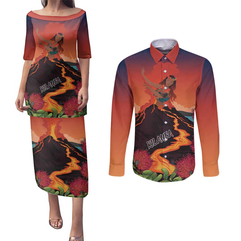 Hawaii Kilauea Volcano Couples Matching Puletasi and Long Sleeve Button Shirt Pele Goddess LT7 Colorful - Polynesian Pride