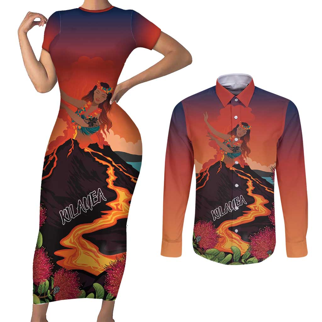 Hawaii Kilauea Volcano Couples Matching Short Sleeve Bodycon Dress and Long Sleeve Button Shirt Pele Goddess LT7 Colorful - Polynesian Pride