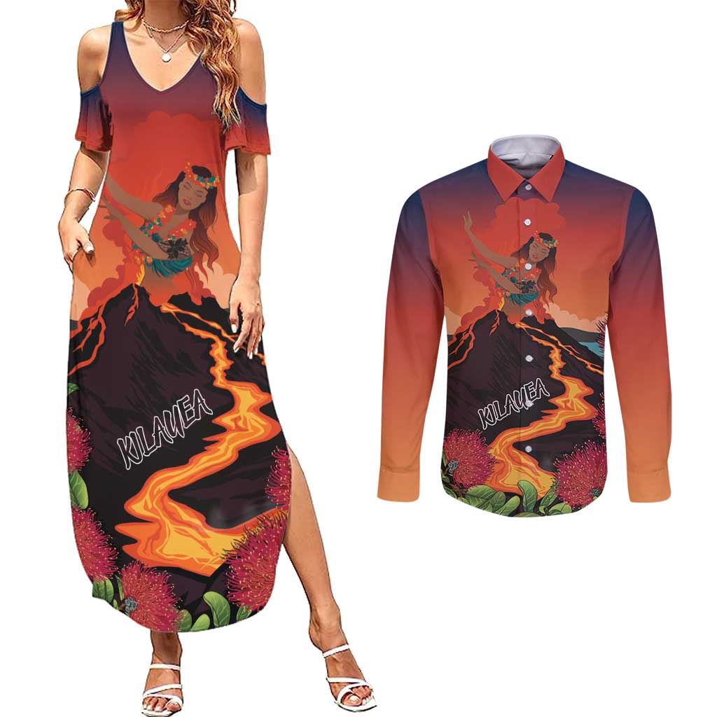 Hawaii Kilauea Volcano Couples Matching Summer Maxi Dress and Long Sleeve Button Shirt Pele Goddess LT7 Colorful - Polynesian Pride