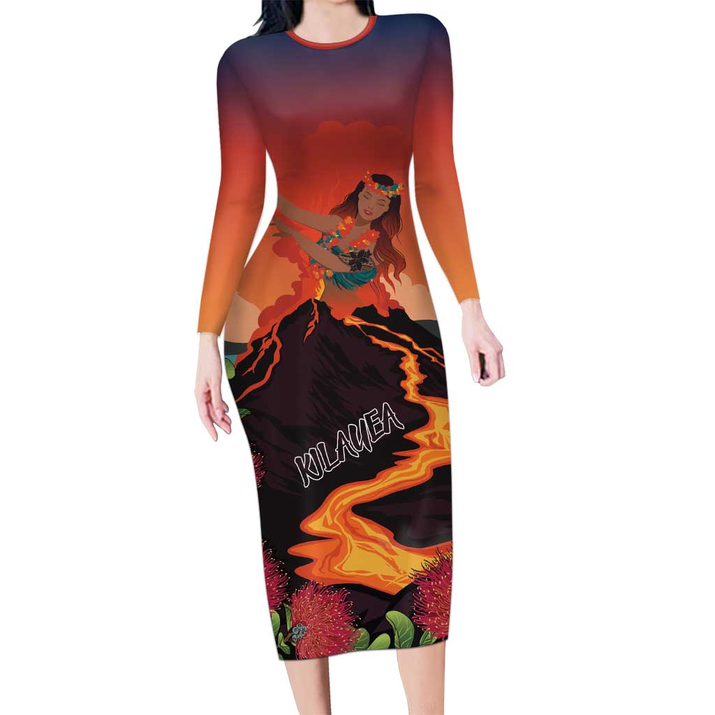 Hawaii Kilauea Volcano Family Matching Long Sleeve Bodycon Dress and Hawaiian Shirt Pele Goddess LT7 Mom's Dress Colorful - Polynesian Pride