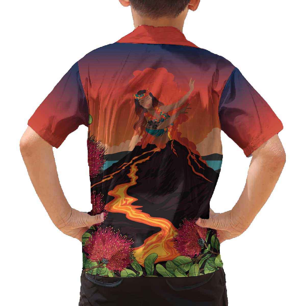 Hawaii Kilauea Volcano Family Matching Off The Shoulder Long Sleeve Dress and Hawaiian Shirt Pele Goddess LT7 - Polynesian Pride