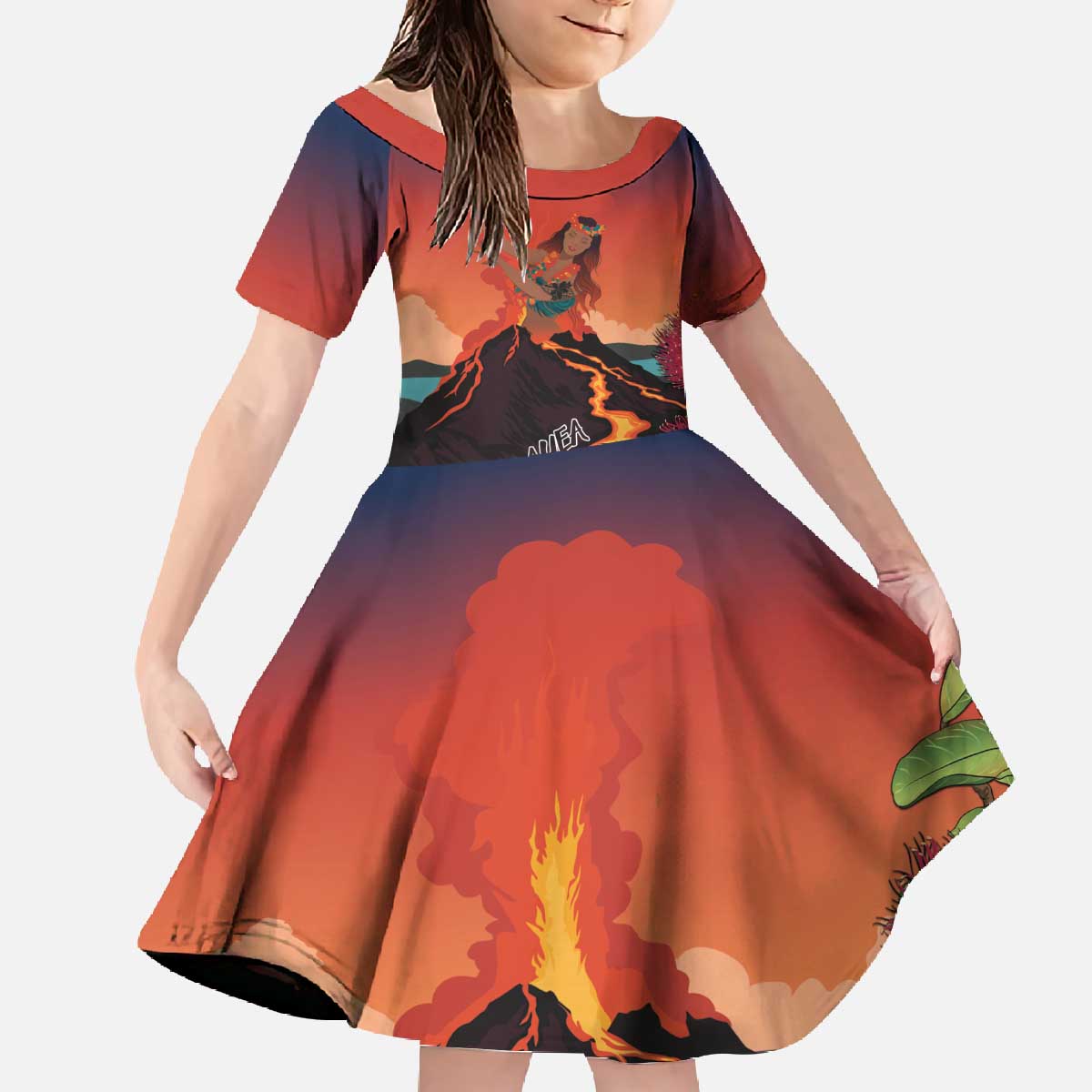 Hawaii Kilauea Volcano Family Matching Off The Shoulder Long Sleeve Dress and Hawaiian Shirt Pele Goddess LT7 Daughter's Dress Colorful - Polynesian Pride