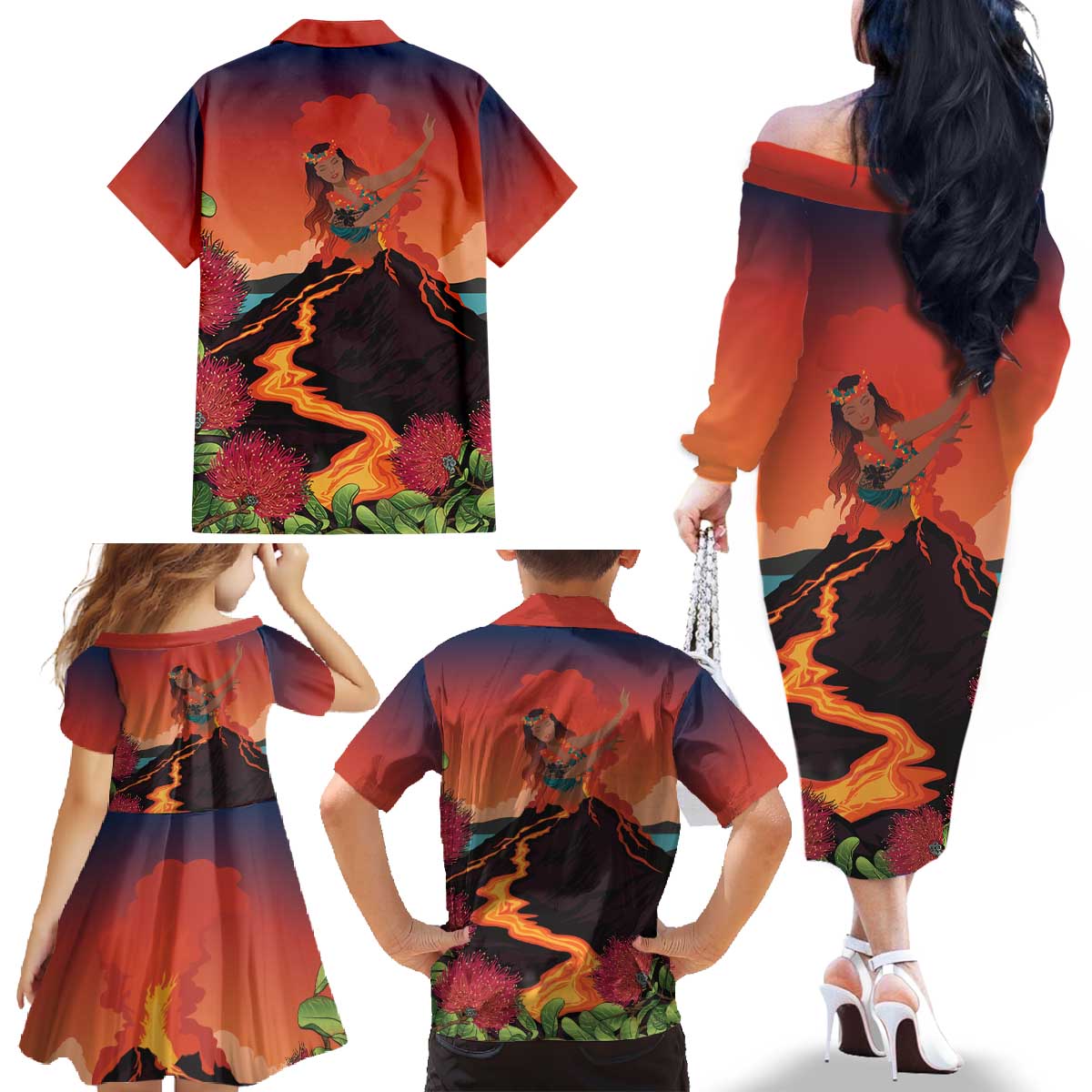 Hawaii Kilauea Volcano Family Matching Off The Shoulder Long Sleeve Dress and Hawaiian Shirt Pele Goddess LT7 - Polynesian Pride