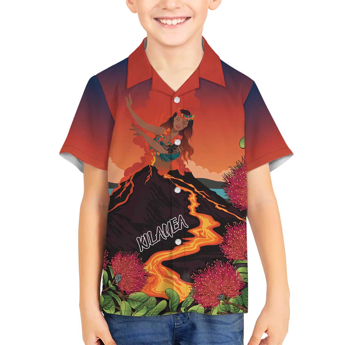 Hawaii Kilauea Volcano Family Matching Off The Shoulder Long Sleeve Dress and Hawaiian Shirt Pele Goddess LT7 Son's Shirt Colorful - Polynesian Pride