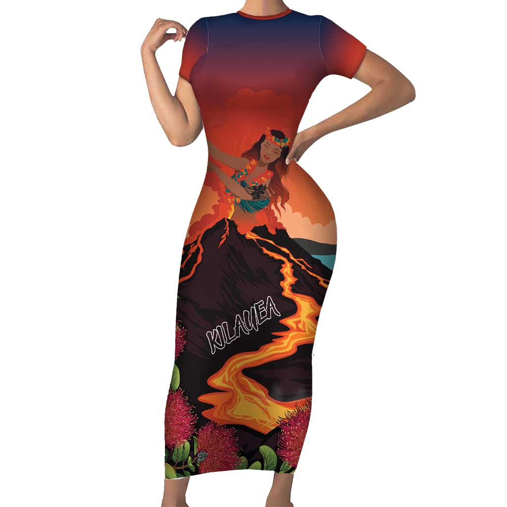 Hawaii Kilauea Volcano Family Matching Short Sleeve Bodycon Dress and Hawaiian Shirt Pele Goddess LT7 Mom's Dress Colorful - Polynesian Pride