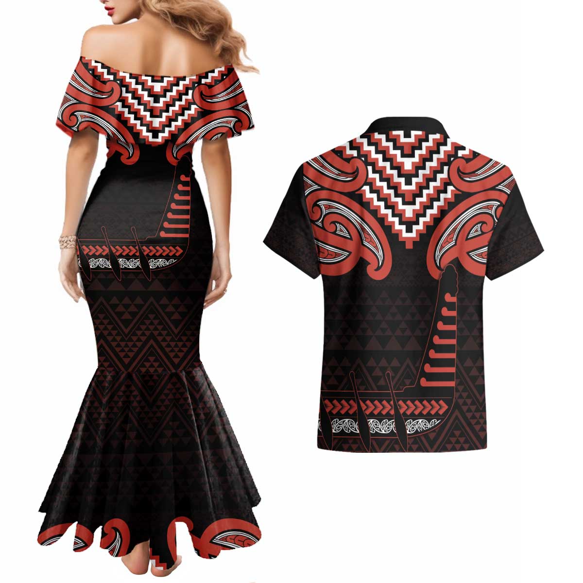 Maori Waitangi Couples Matching Mermaid Dress and Hawaiian Shirt Kotahitanga Poutama Mix Whakairo LT7 - Polynesian Pride