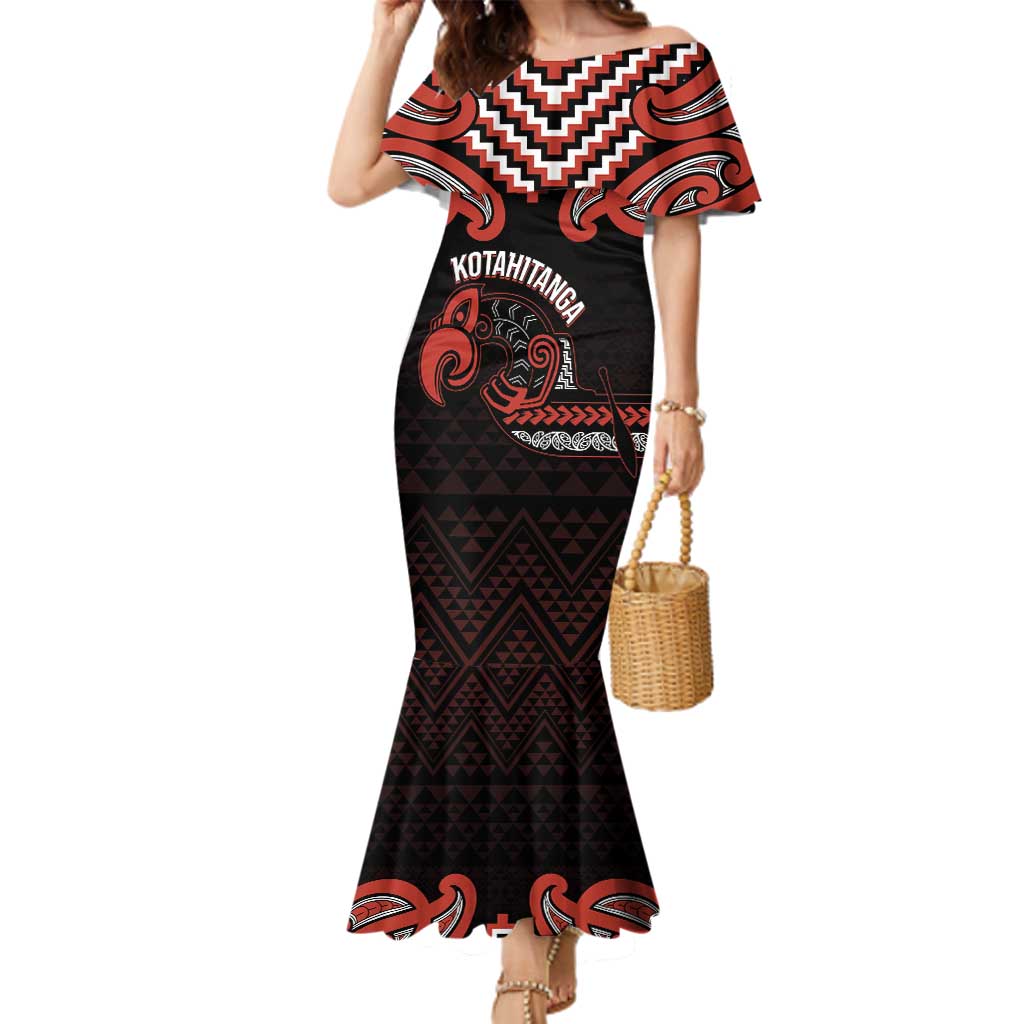 Maori Waitangi Family Matching Mermaid Dress and Hawaiian Shirt Kotahitanga Poutama Mix Whakairo LT7 Mom's Dress Black - Polynesian Pride
