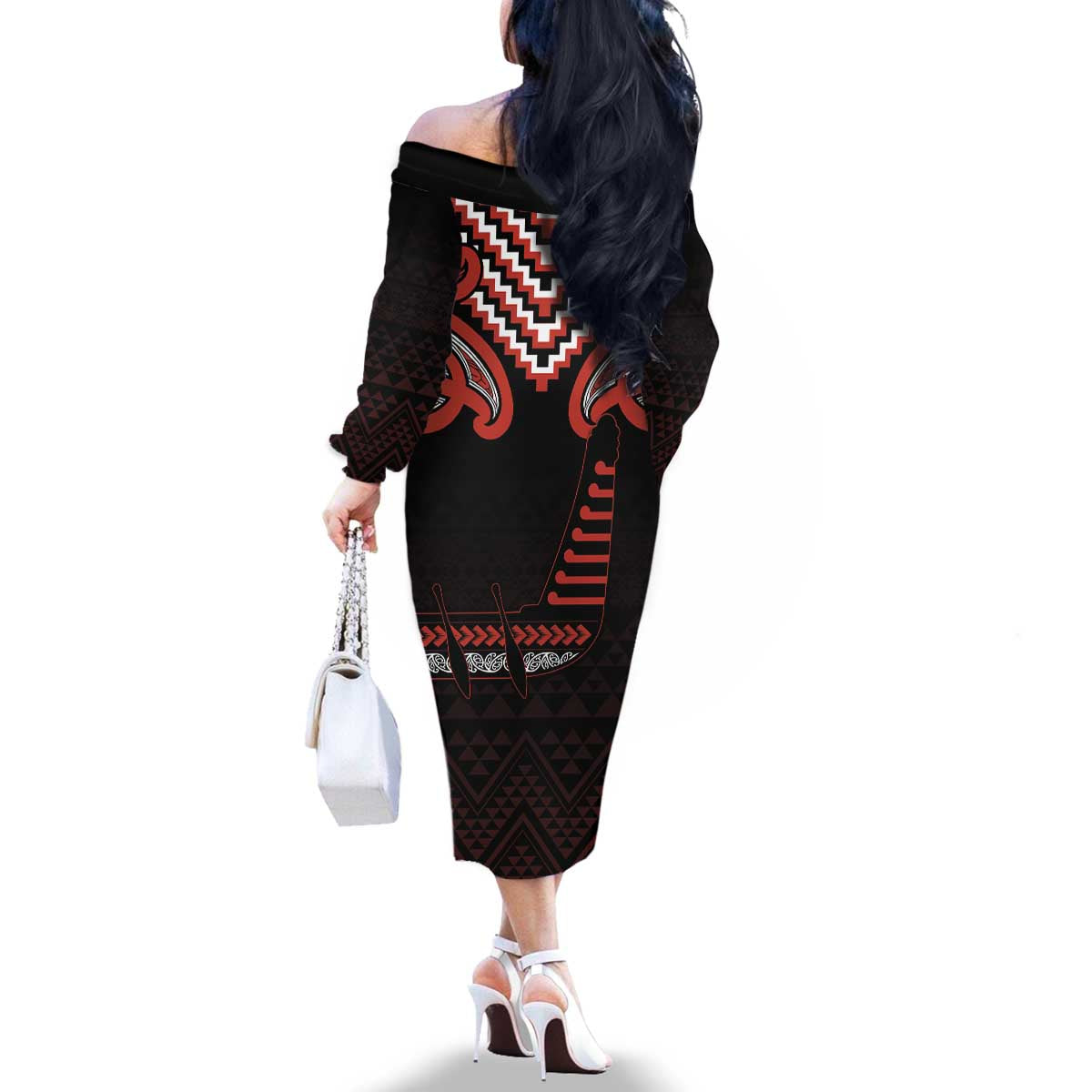 Maori Waitangi Family Matching Off The Shoulder Long Sleeve Dress and Hawaiian Shirt Kotahitanga Poutama Mix Whakairo LT7 - Polynesian Pride