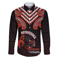 Maori Waitangi Family Matching Off Shoulder Maxi Dress and Hawaiian Shirt Kotahitanga Poutama Mix Whakairo LT7 Dad's Shirt - Long Sleeve Black - Polynesian Pride