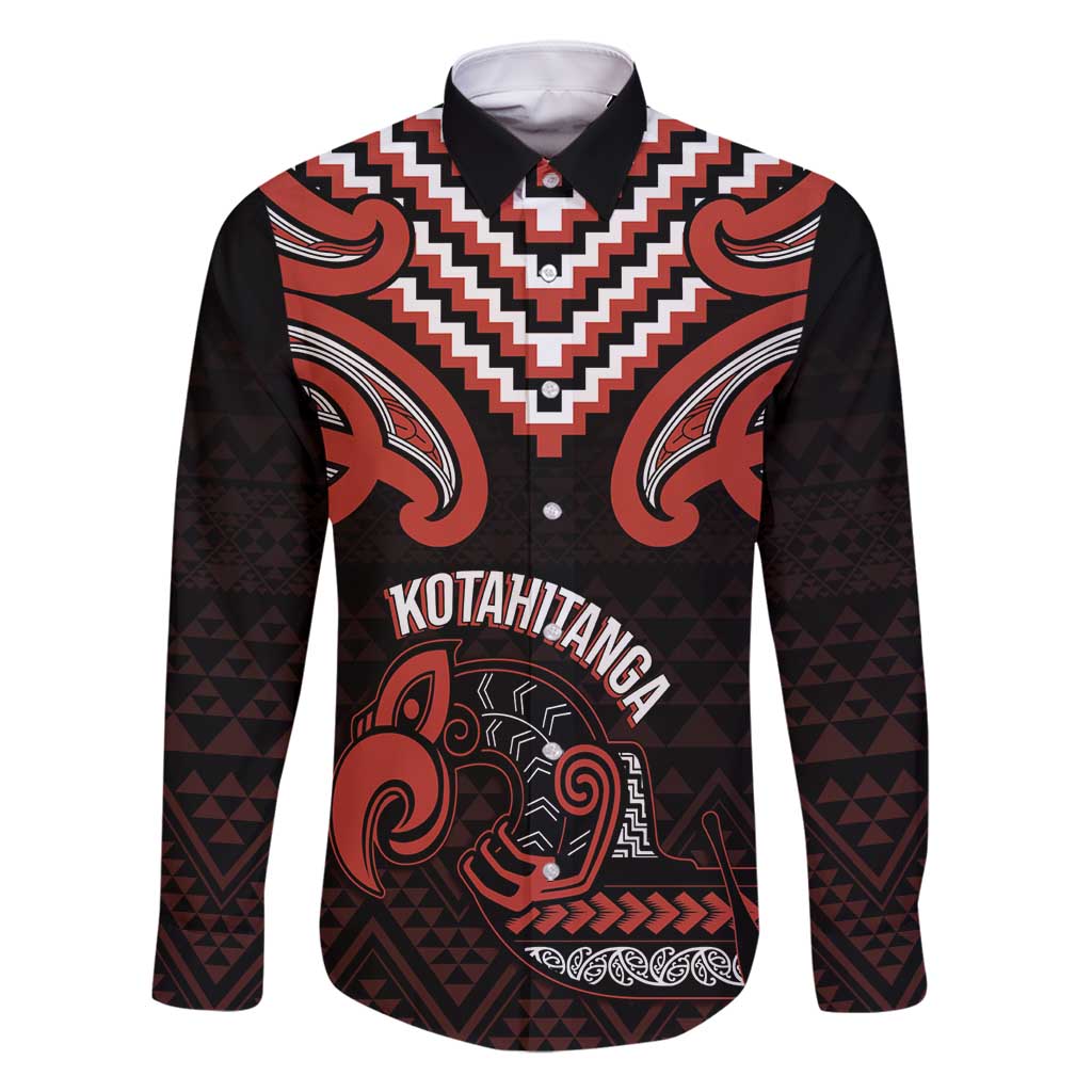 Maori Waitangi Family Matching Off Shoulder Short Dress and Hawaiian Shirt Kotahitanga Poutama Mix Whakairo LT7 Dad's Shirt - Long Sleeve Black - Polynesian Pride