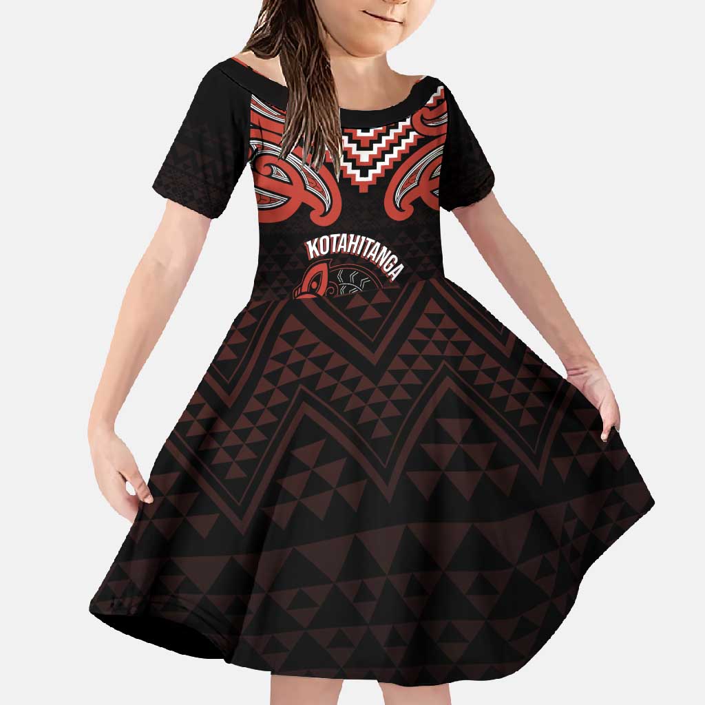 Maori Waitangi Family Matching Short Sleeve Bodycon Dress and Hawaiian Shirt Kotahitanga Poutama Mix Whakairo LT7 Daughter's Dress Black - Polynesian Pride