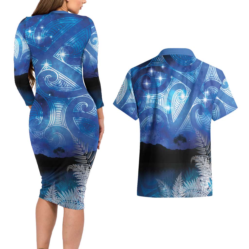 NZ Maori Matariki Scenery Couples Matching Long Sleeve Bodycon Dress and Hawaiian Shirt Galaxy Sky