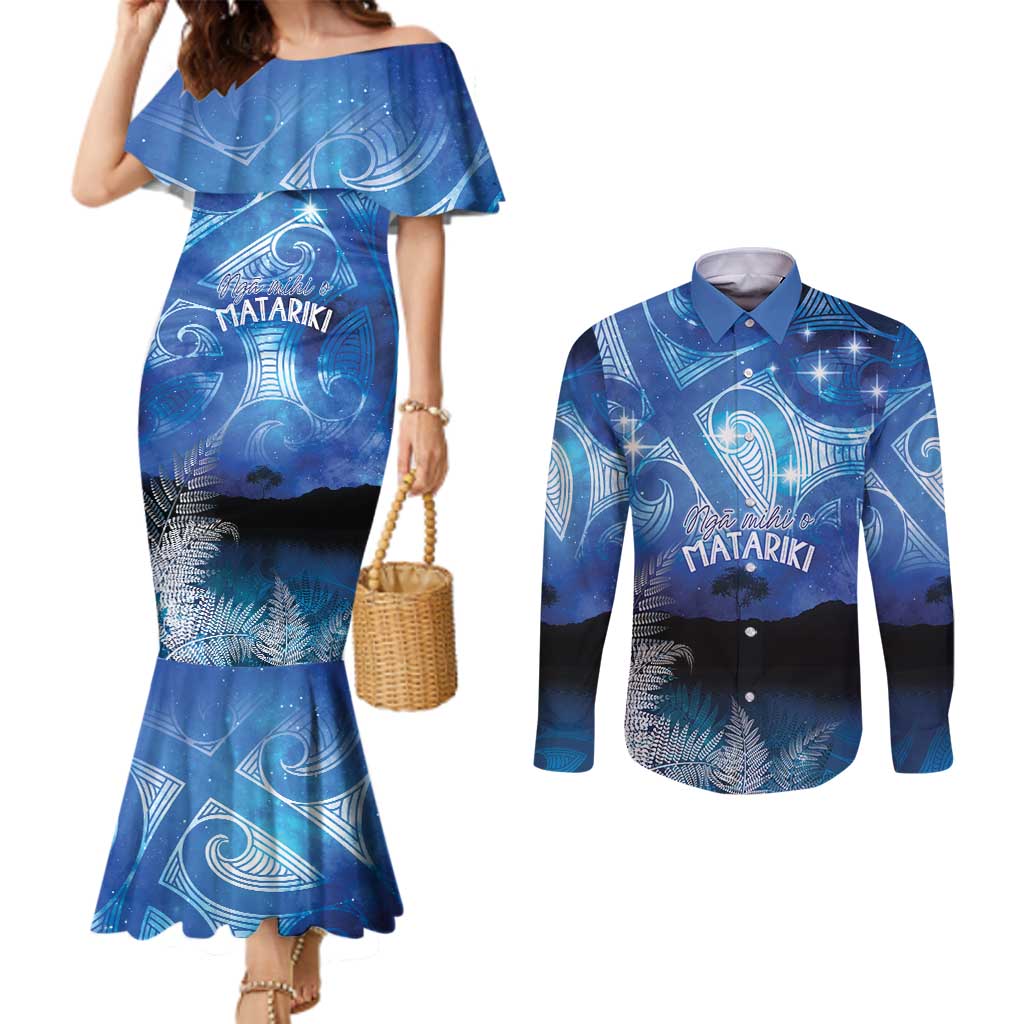 NZ Maori Matariki Scenery Couples Matching Mermaid Dress and Long Sleeve Button Shirt Galaxy Sky