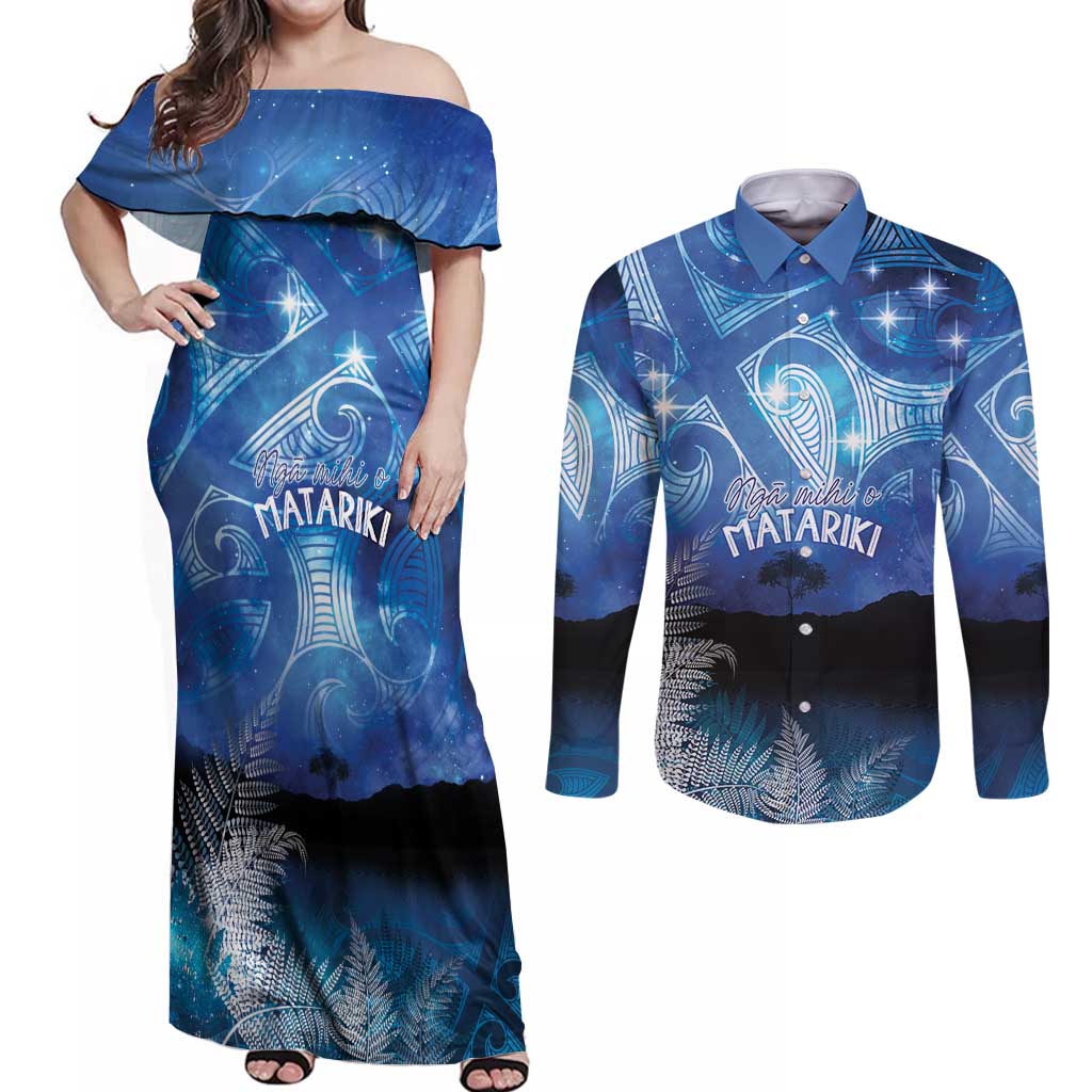 NZ Maori Matariki Scenery Couples Matching Off Shoulder Maxi Dress and Long Sleeve Button Shirt Galaxy Sky
