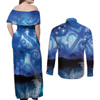 NZ Maori Matariki Scenery Couples Matching Off Shoulder Maxi Dress and Long Sleeve Button Shirt Galaxy Sky