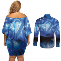 NZ Maori Matariki Scenery Couples Matching Off Shoulder Short Dress and Long Sleeve Button Shirt Galaxy Sky