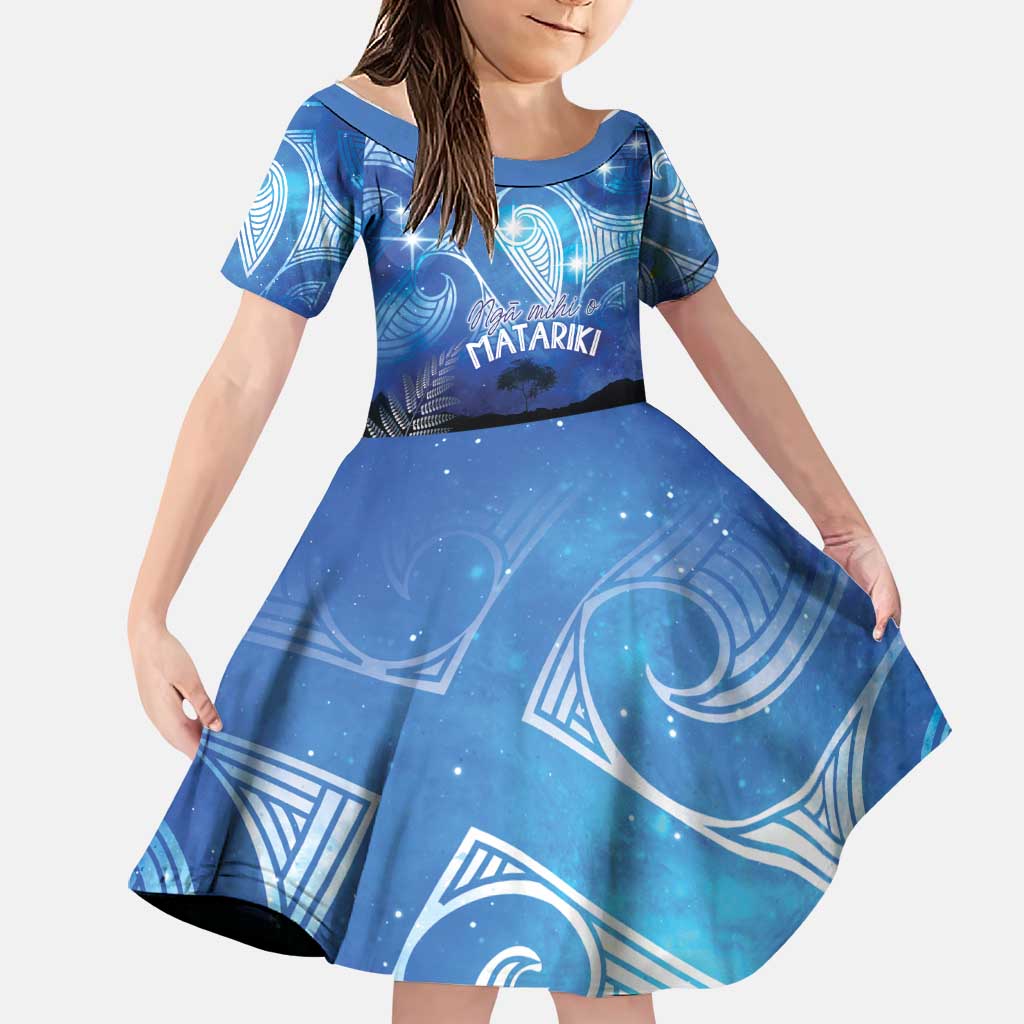 NZ Maori Matariki Scenery Family Matching Long Sleeve Bodycon Dress and Hawaiian Shirt Galaxy Sky LT7 Daughter's Dress Galaxy - Polynesian Pride