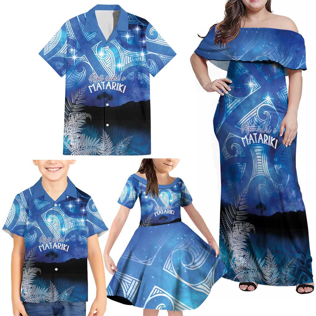 NZ Maori Matariki Scenery Family Matching Off Shoulder Maxi Dress and Hawaiian Shirt Galaxy Sky