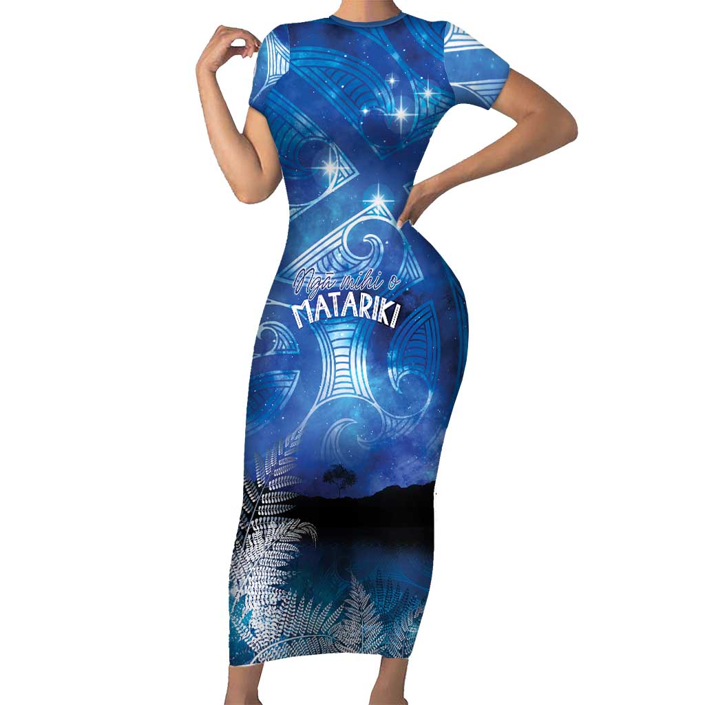 NZ Maori Matariki Scenery Short Sleeve Bodycon Dress Galaxy Sky