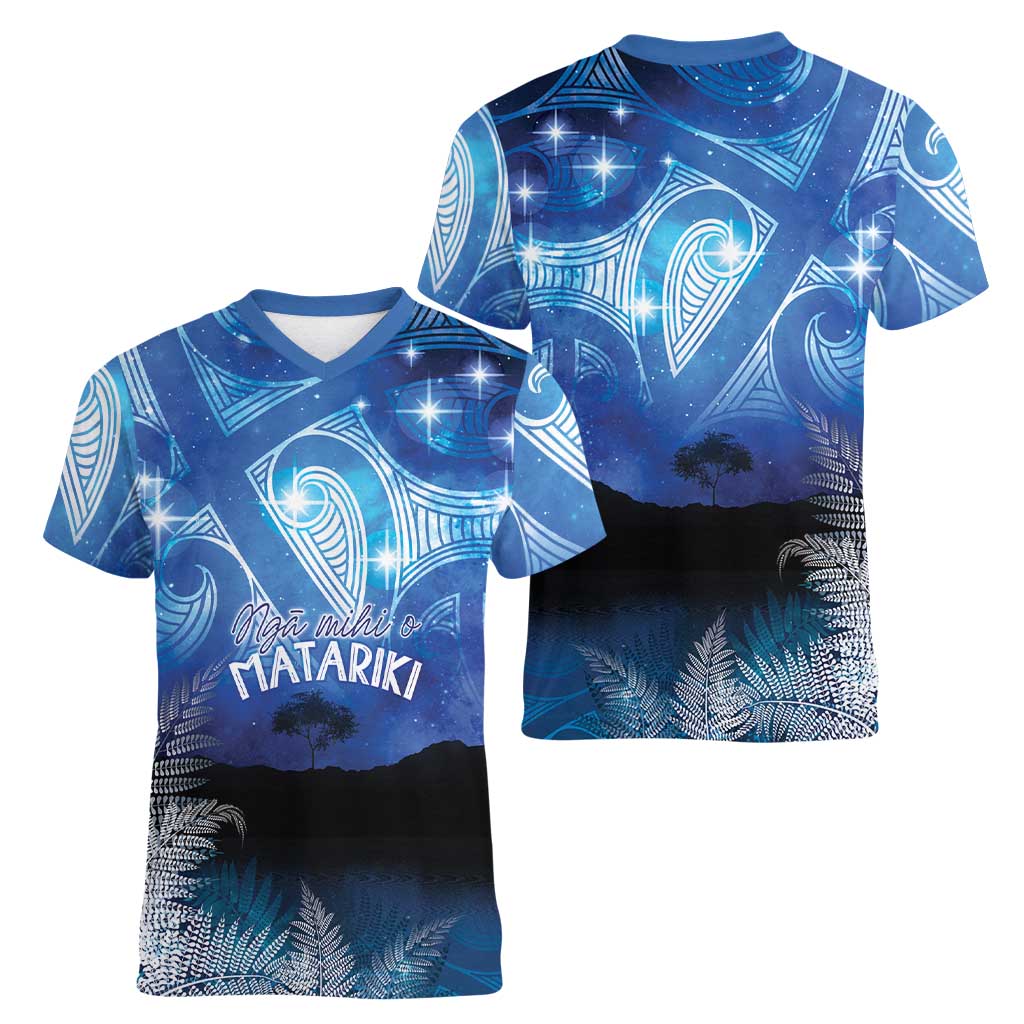 NZ Maori Matariki Scenery Women V-Neck T-Shirt Galaxy Sky