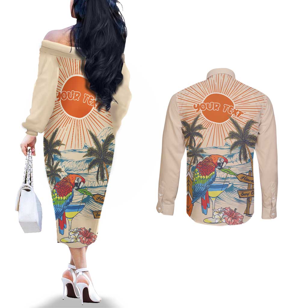 Personalized Christmas In July - Hawaii Retro Couples Matching Off The Shoulder Long Sleeve Dress and Long Sleeve Button Shirt Lost In Parrot-dise