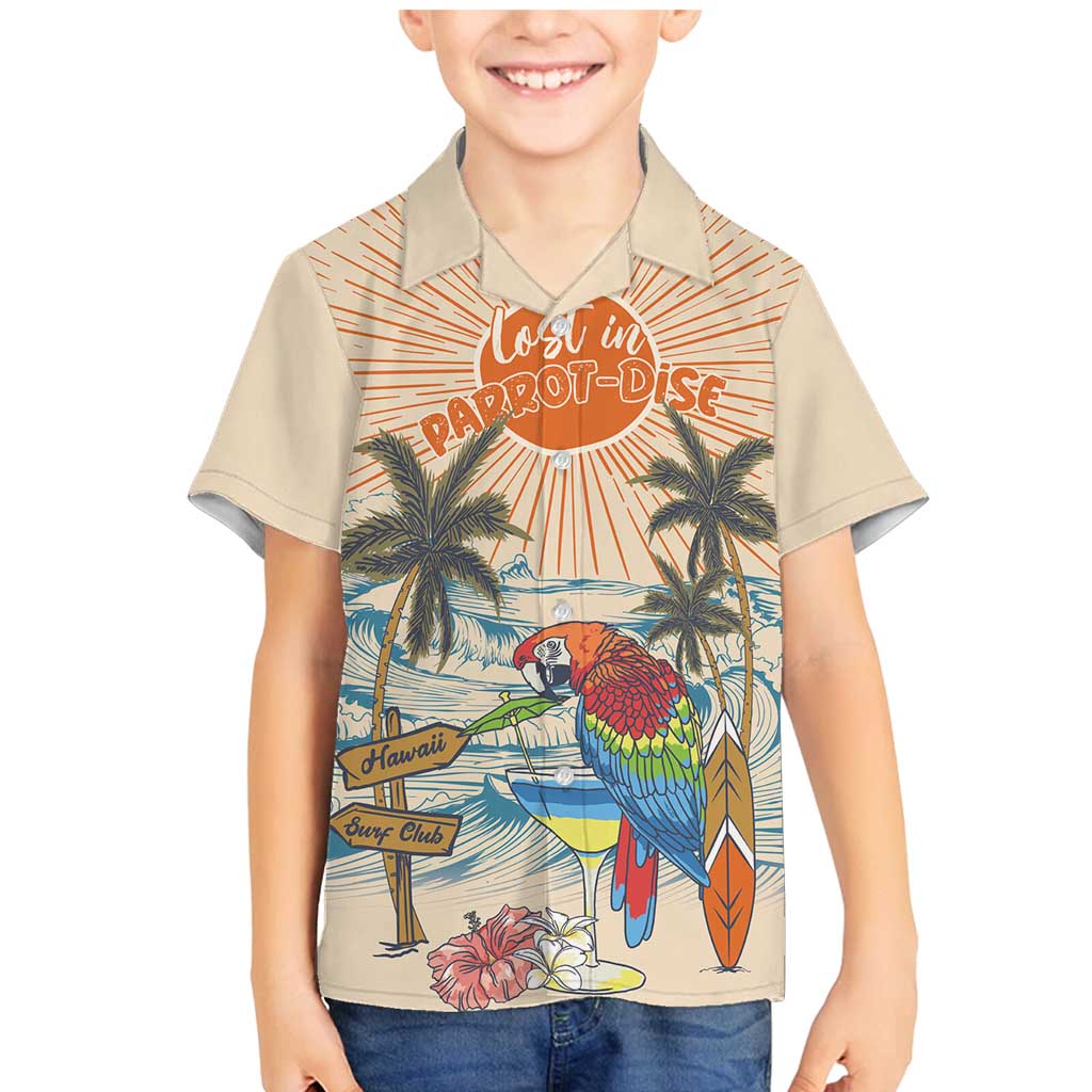 Personalized Christmas In July - Hawaii Retro Family Matching Mermaid Dress and Hawaiian Shirt Lost In Parrot-dise LT7 Son's Shirt Beige - Polynesian Pride